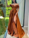 A-line Off-the-shoulder Satin Sweep Train Prom Dresses With Split Front #Favs020113240