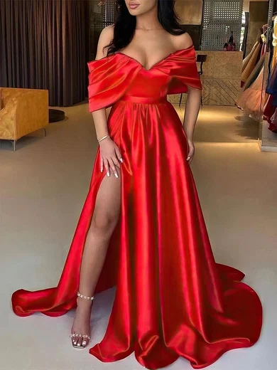 A-line Off-the-shoulder Satin Sweep Train Prom Dresses With Split Front #Favs020113247