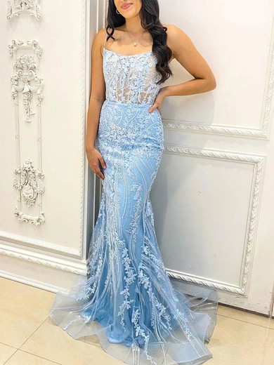 Trumpet/Mermaid Scoop Neck Tulle Sweep Train Prom Dresses With Appliques Lace #Favs020113255