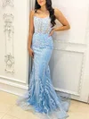Trumpet/Mermaid Scoop Neck Tulle Sweep Train Prom Dresses With Appliques Lace #Favs020113255