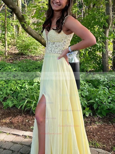 A-line V-neck Chiffon Floor-length Prom Dresses With Split Front #Favs020113278
