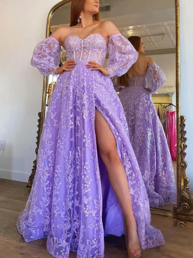 A-line Sweetheart Lace Sweep Train Prom Dresses With Split Front #Favs020113288