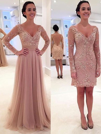 A-line V-neck Tulle Detachable Appliques Lace Prom Dresses #Favs020102076