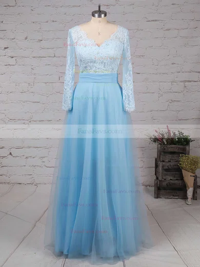 A-line V-neck Tulle Detachable Appliques Lace Prom Dresses #Favs020102076