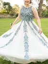 Princess Scoop Neck Tulle Floor-length Prom Dresses With Appliques Lace #Favs020113298