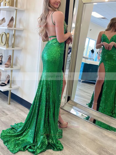 Sheath/Column V-neck Sequined Sweep Train Prom Dresses With Split Front #Favs020113306