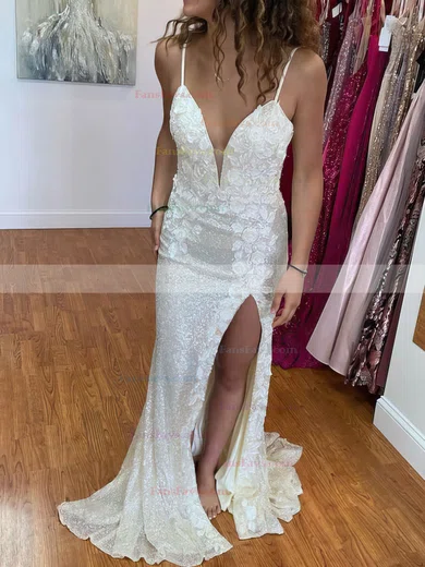 Sheath/Column V-neck Sequined Sweep Train Prom Dresses With Split Front #Favs020113306