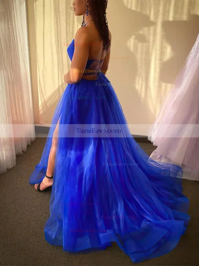 A-line V-neck Tulle Sweep Train Prom Dresses With Split Front #Favs020113353