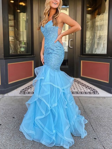 Trumpet/Mermaid V-neck Lace Tulle Floor-length Prom Dresses With Appliques Lace #Favs020113366