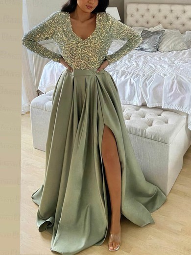 A-line V-neck Satin Sequined Sweep Train Prom Dresses With Split Front #Favs020113386