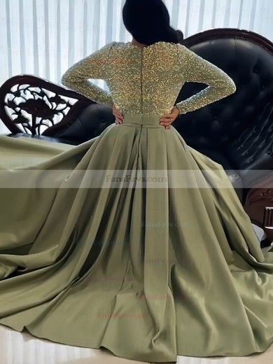 A-line V-neck Satin Sequined Sweep Train Prom Dresses With Split Front #Favs020113386