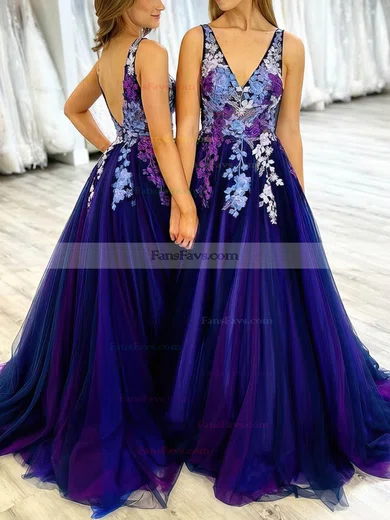 A-line V-neck Tulle Floor-length Prom Dresses With Appliques Lace #Favs020113390