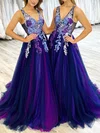 A-line V-neck Tulle Floor-length Prom Dresses With Appliques Lace #Favs020113390