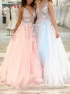 Princess V-neck Tulle Floor-length Prom Dresses With Appliques Lace #Favs020113397