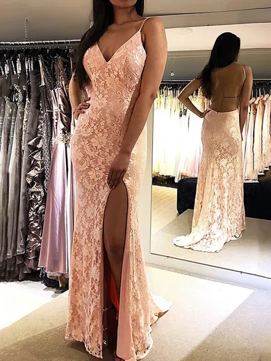 Sheath/Column V-neck Lace Sweep Train Prom Dresses With Split Front #Favs020113423