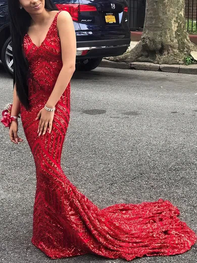 Trumpet/Mermaid V-neck Sequined Sweep Train Prom Dresses #Favs020113431