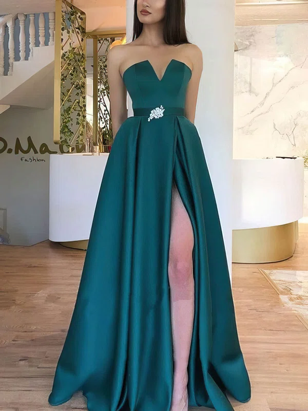 A-line Strapless Satin Floor-length Prom Dresses With Split Front #Favs020113462