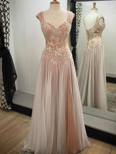 A-line V-neck Tulle Floor-length Appliques Lace Prom Dresses #Favs020102138