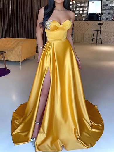 A-line V-neck Silk-like Satin Sweep Train Prom Dresses With Split Front #Favs020113507
