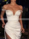 Sheath/Column Off-the-shoulder Silk-like Satin Sweep Train Prom Dresses With Beading #Favs020113510