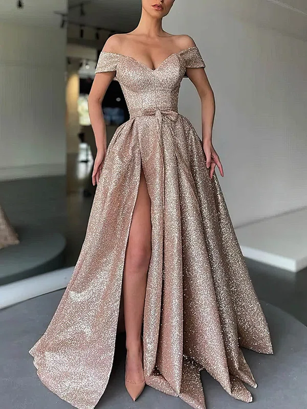 Princess Off-the-shoulder Shimmer Crepe Floor-length Prom Dresses With Split Front #Favs020113512