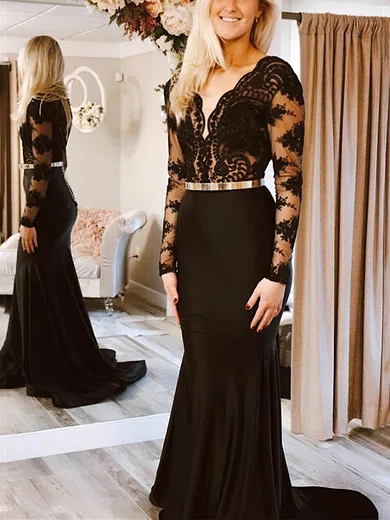 Trumpet/Mermaid V-neck Lace Jersey Sweep Train Prom Dresses With Sashes / Ribbons #Favs020113519