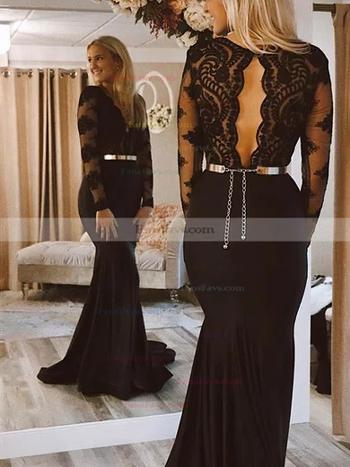 Trumpet/Mermaid V-neck Lace Jersey Sweep Train Prom Dresses With Sashes / Ribbons #Favs020113519