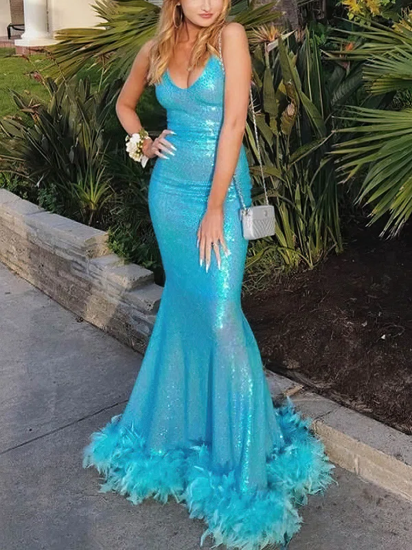 Trumpet/Mermaid V-neck Sequined Floor-length Prom Dresses With Feathers / Fur #Favs020113531