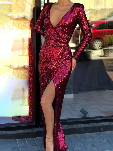 Sheath/Column V-neck Sequined Floor-length Prom Dresses With Split Front #Favs020113532