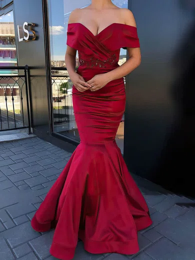 Trumpet/Mermaid Off-the-shoulder Satin Floor-length Prom Dresses With Appliques Lace #Favs020113592