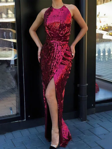 Sheath/Column Halter Sequined Floor-length Prom Dresses With Split Front #Favs020113594