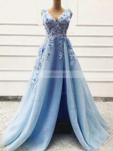 Princess V-neck Tulle Sweep Train Prom Dresses With Split Front #Favs020113604