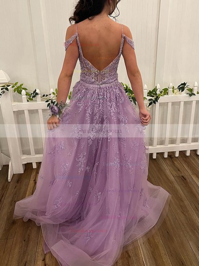 A-line V-neck Tulle Sweep Train Prom Dresses With Appliques Lace #Favs020113607