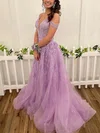 A-line V-neck Tulle Sweep Train Prom Dresses With Appliques Lace #Favs020113607