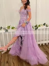 A-line V-neck Tulle Sweep Train Prom Dresses With Appliques Lace #Favs020113607