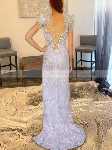 Sheath/Column V-neck Lace Sweep Train Prom Dresses With Feathers / Fur #Favs020113611