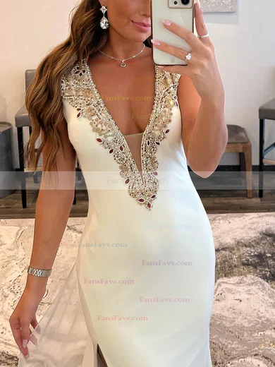 Sheath/Column V-neck Chiffon Stretch Crepe Watteau Train Prom Dresses With Split Front #Favs020113612