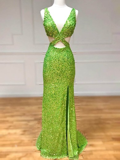 Sheath/Column V-neck Sequined Sweep Train Prom Dresses With Split Front #Favs020113630