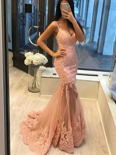 Trumpet/Mermaid V-neck Tulle Sweep Train Prom Dresses With Appliques Lace #Favs020113641