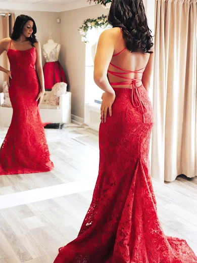 Trumpet/Mermaid Scoop Neck Lace Sweep Train Prom Dresses #Favs020113659