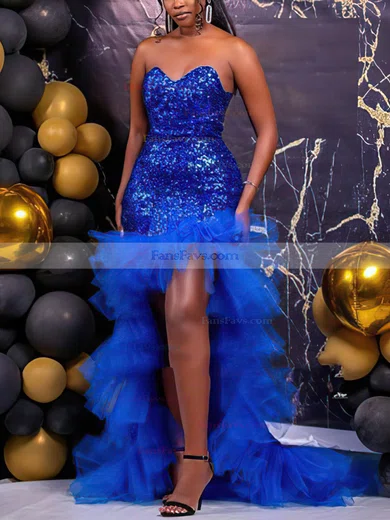 Trumpet/Mermaid V-neck Tulle Sequined Asymmetrical Prom Dresses With Cascading Ruffles #Favs020113666