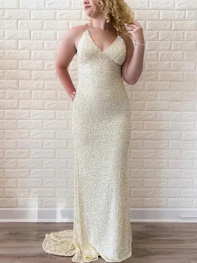 Sheath/Column V-neck Sequined Sweep Train Prom Dresses #Favs020113688