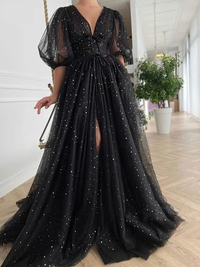 A-line V-neck Tulle Sweep Train Prom Dresses With Split Front #Favs020113719