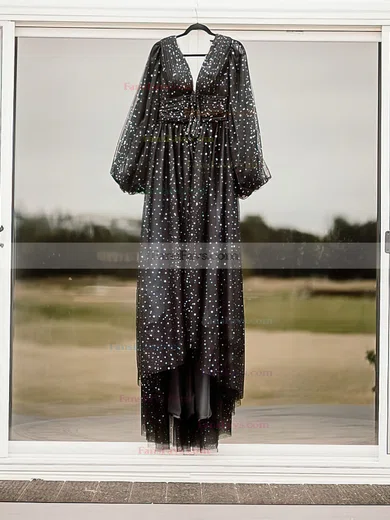 A-line V-neck Tulle Sweep Train Prom Dresses With Split Front #Favs020113719