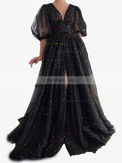 A-line V-neck Tulle Sweep Train Prom Dresses With Split Front #Favs020113719