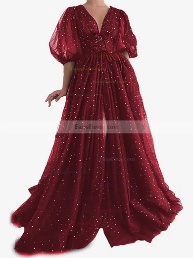 A-line V-neck Tulle Sweep Train Prom Dresses With Split Front #Favs020113719