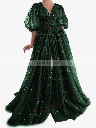 A-line V-neck Tulle Sweep Train Prom Dresses With Split Front #Favs020113719