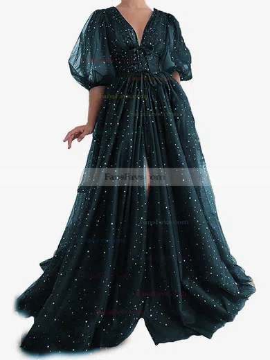 A-line V-neck Tulle Sweep Train Prom Dresses With Split Front #Favs020113719