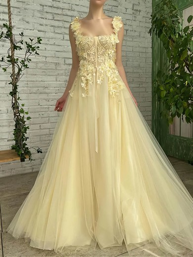 A-line Square Neckline Tulle Floor-length Prom Dresses With Sashes / Ribbons #Favs020113733