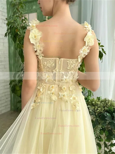 A-line Square Neckline Tulle Floor-length Prom Dresses With Sashes / Ribbons #Favs020113733